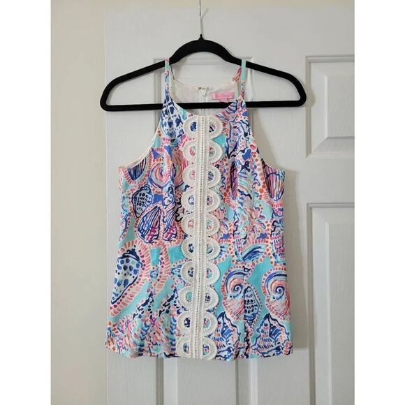 LILLY PULITZER Annabelle Halter Top Size 4 Shell Me About It Print Blue Pink - Picture 2 of 7